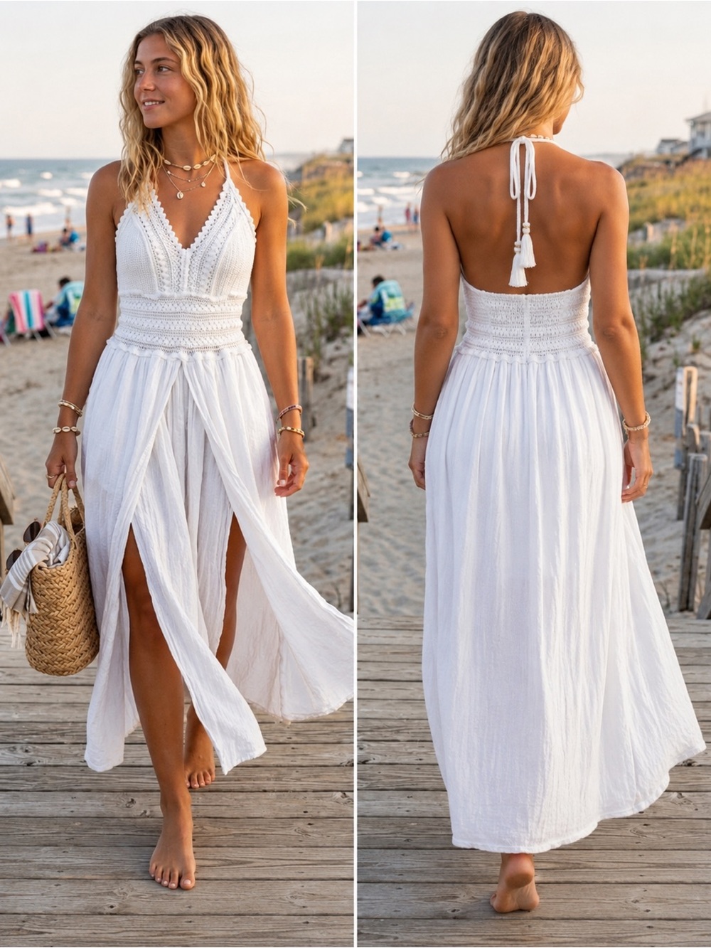Seaspice 100% Peruvian Cotton Arabella White Halter Dress Crochet Resort Size S